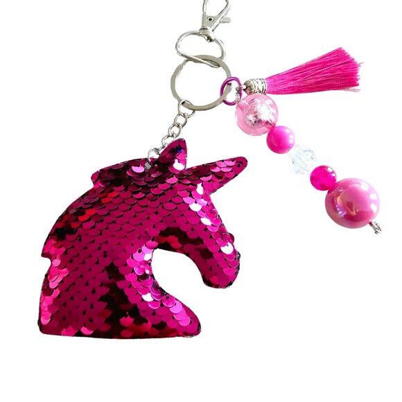 Sequin Unicorn Plush Keychain, Silk Pink Tassel, Pearl Bead, Cute Sparkly Purse - Picture 1 of 1